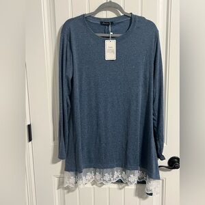 #8193. Sanifer Women's Blue Long Sleeve Tunic Top w/Lace Hem. Size XL